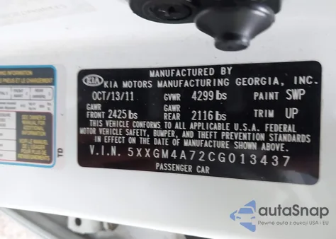 2012 Kia Optima Lx из США, поврежденный, VIN 5XXGM4A72CG013437